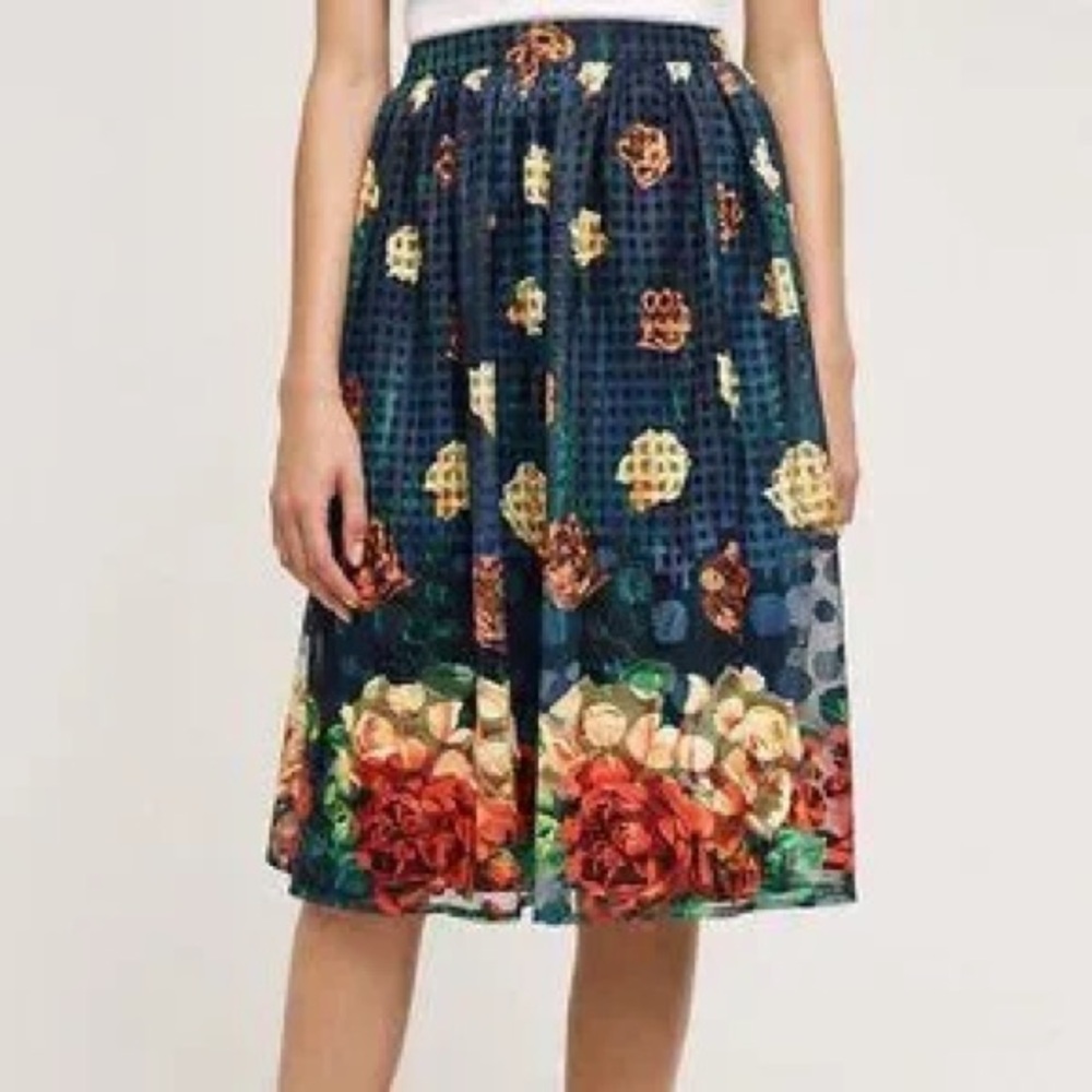 Anthropologie A-Line Skirt - Navy and Red Floral